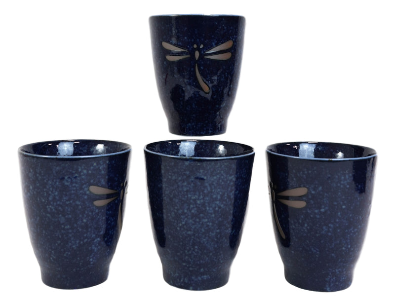 Japanese Zen Dragonfly Speckled Blue Porcelain 10oz Coffee Tea Cups Set of 4