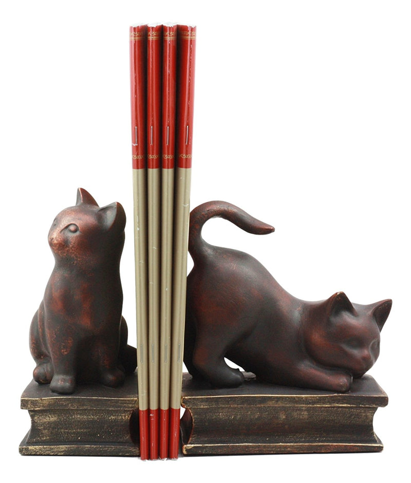 Sitting And Crouching Feline Cat Resin Bookends 7" Tall Abstract Cat Statue Set