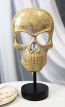 Day Of The Dead Golden Tooled Floral Sugar Skull Mask Sculpture On Museum Stand