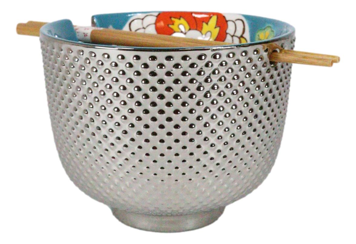 Set of 3 Luxury Ottoman Silver Plated Ramen Bowls Chopsticks Turquoise Flowers