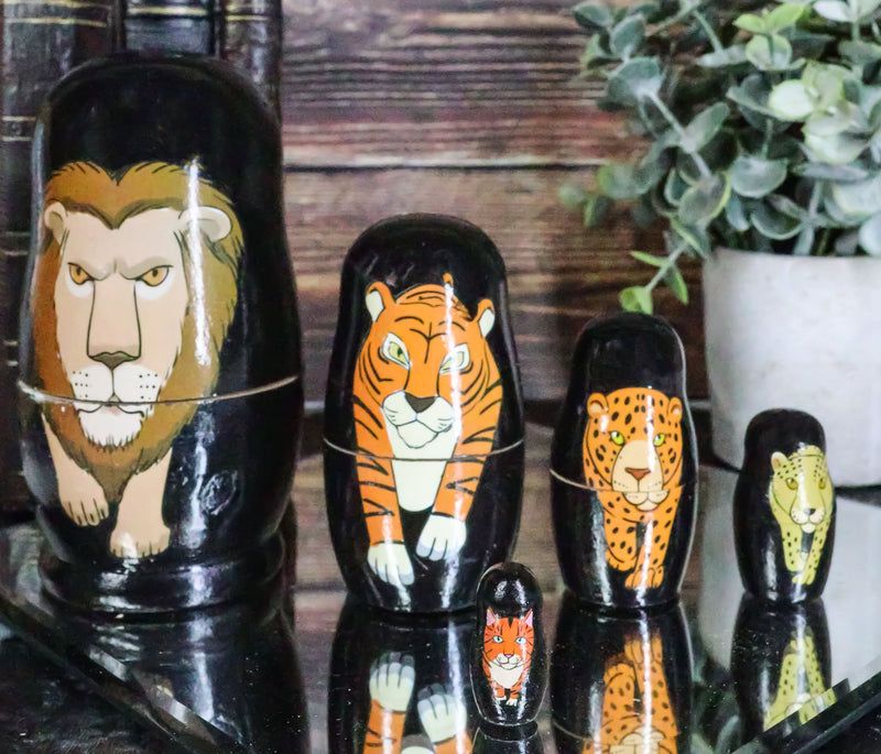 Ebros Gift Black Safari Jungle Animals Cats Lion Tiger Cheetah Jaguar Tabby Cat Wooden Toy Stacking Nesting Dolls 5 Piece Set Hand Painted Wood Decorative Collectible Matryoshka Doll Toys