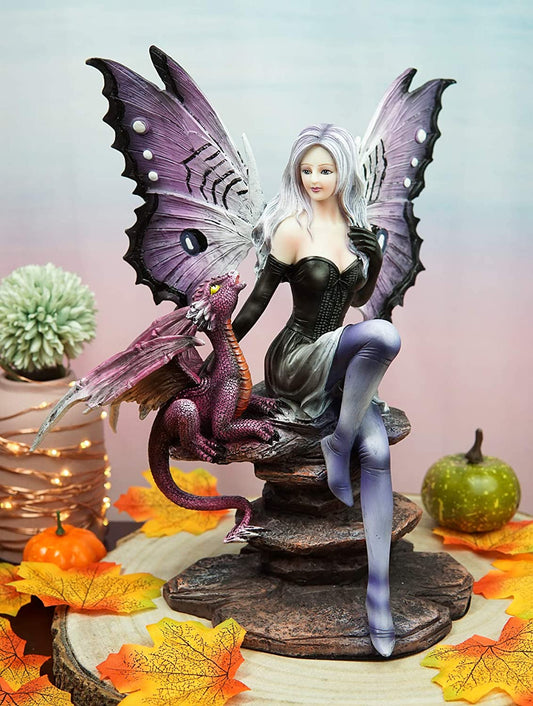 Ebros Large Purple Midnight Butterfly Winged Fairy With Wyvern Dragon Figurine