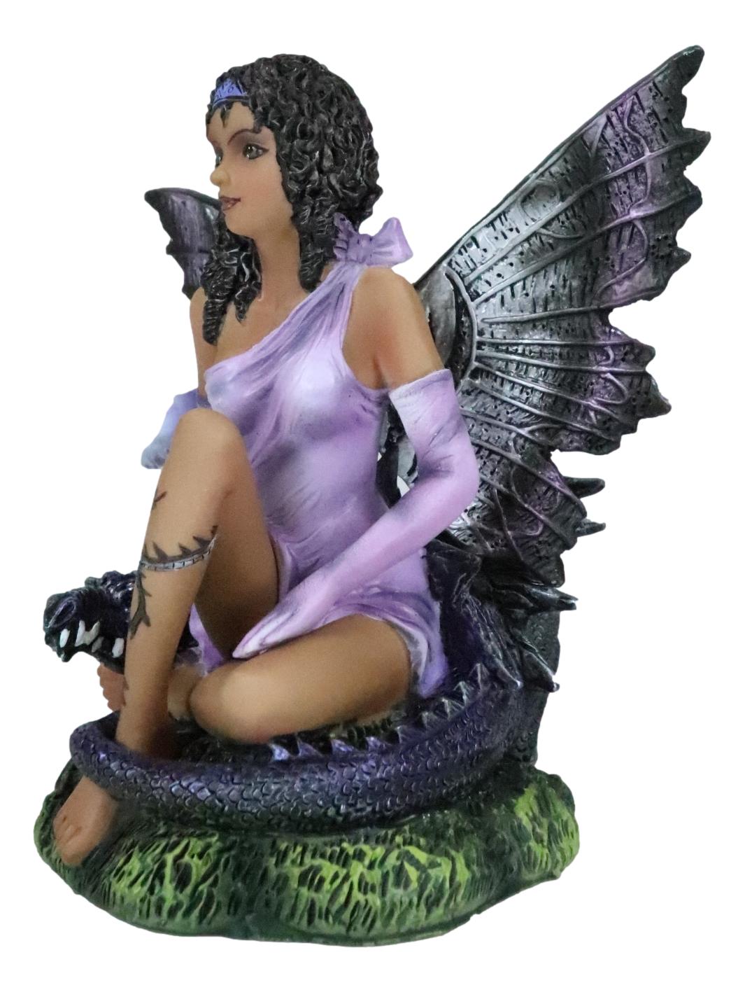 Ebros Tribal Ebony Moth Fairy With Baby Dragon Statue Black African Fairy 5"H