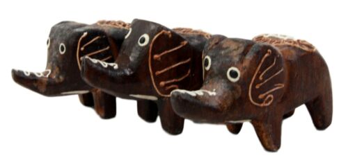 Balinese Wood Handicrafts Tail To Tail Elephant Miniature Figurines Set 2.75"L