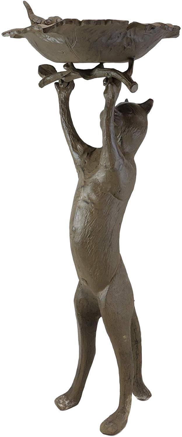 Ebros Cast Iron Whimsical Curious Cat Hanging On Branch with 2 Birds in Nest Bird Feeder Or Bath Statue 24.75" Tall for Garden Patio Lawn Outdoors Decorative Accent Sculpture