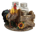 Ebros Proud Fowl Rooster Standing By Rustic Wooden Fence And Sunflower Glass Salt And Pepper Shakers Holder Display Stand Resin Figurine 4.75" Wide