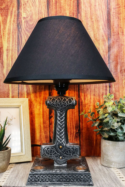 Old Norse God Of Thunder Thor Hammer Mjolnir Sculptural Table Lamp With Shade - Ebros Gift