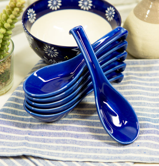 Ebros Made In Japan Ceramic Glossy Ocean Blue Spoons W/ Ladle Hook Set Of 6 - Ebros Gift