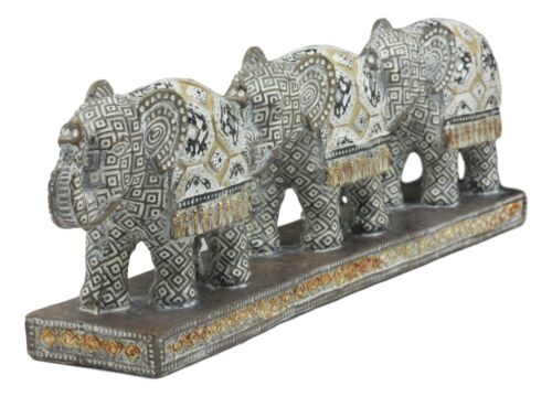 Ebros Feng Shui 3 Silver Geometric Elephants Statue W/ Tapestry Blanket Design