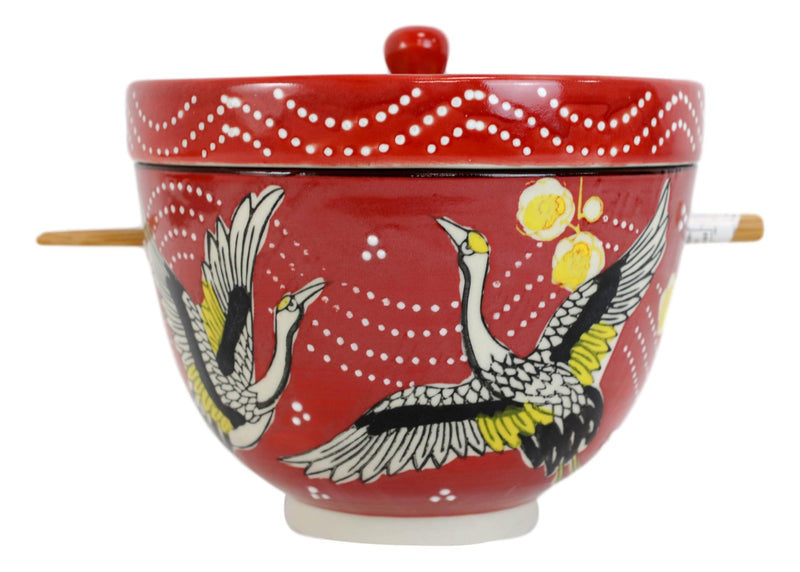 Red Flying Crane Ramen Bowl With Tempura Divider Condiment Lid Chopsticks Set