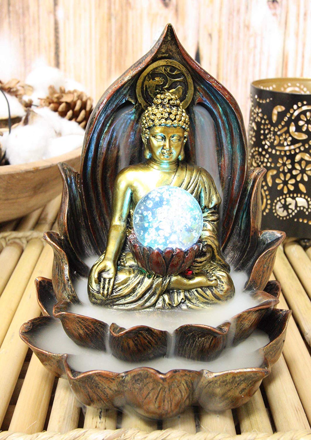 Ebros Meditating Buddha Amitabha Backflow Incense Burner With LED Globe Light - Ebros Gift