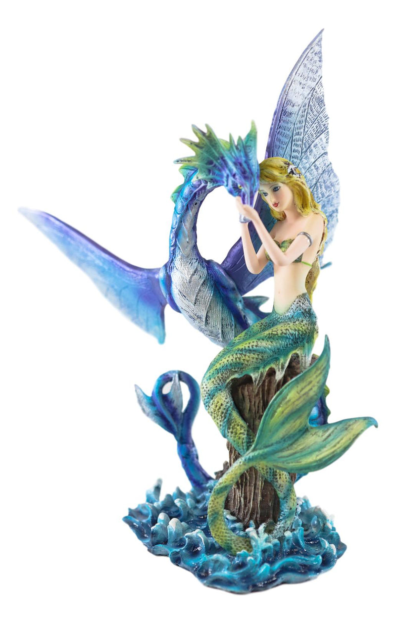 Ebros Nautical Green Tail Mermaid Ariel With Leviathan Ocean Dragon Fairy Statue