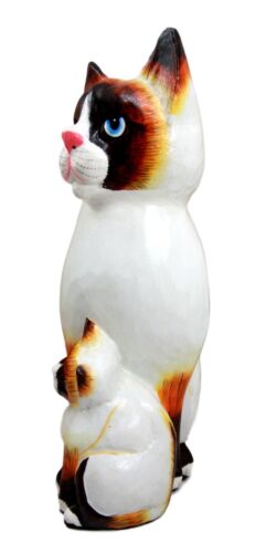 Balinese Wood Handicrafts Adorable Blue Eyed Feline Cat & Kitten Family Figurine