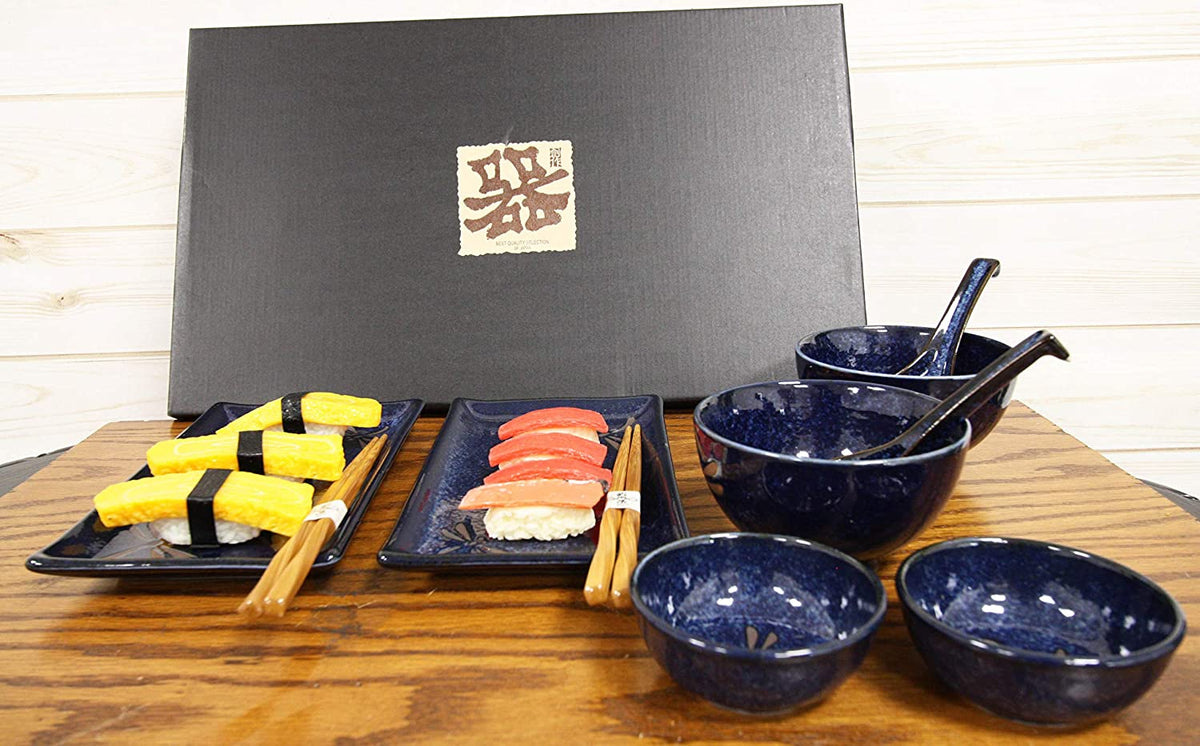 Japanese Pair Of Dragonfly Blue Motif Ceramic Sushi Dinnerware 10pc Set For Two - Ebros Gift