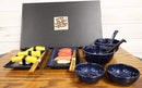 Japanese Pair Of Dragonfly Blue Motif Ceramic Sushi Dinnerware 10pc Set For Two