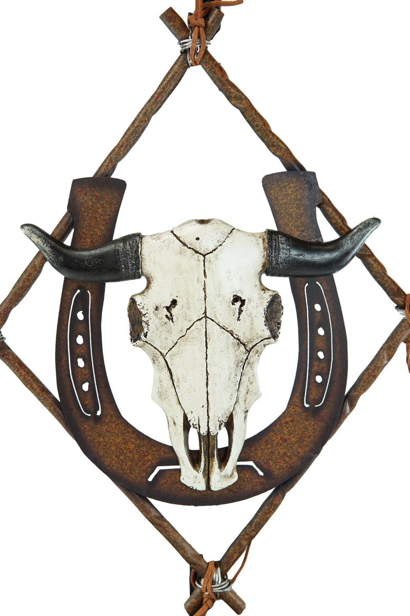Rustic Western Bison Bull Skull Horseshoe W/ Branchwood Frame Wall Decor Plaque