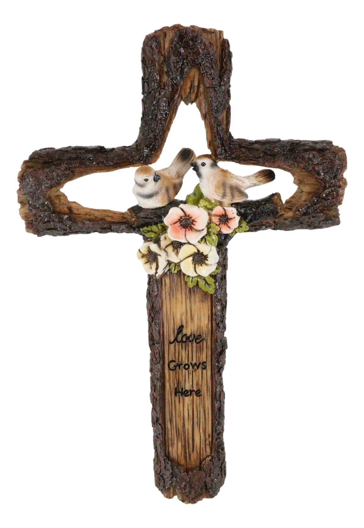 Rustic Love Grows Here Birds On Branch Flowers Faux Wooden Tree Bark Wall Cross