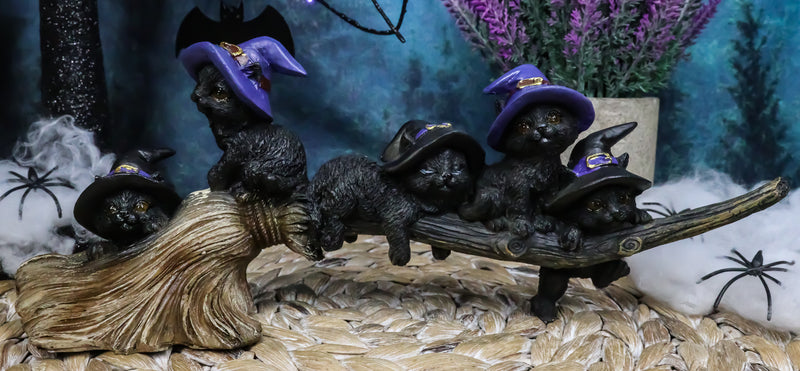 Halloween 5 Black Kitten Cats With Witch Hat Riding Magical Broomstick Figurine