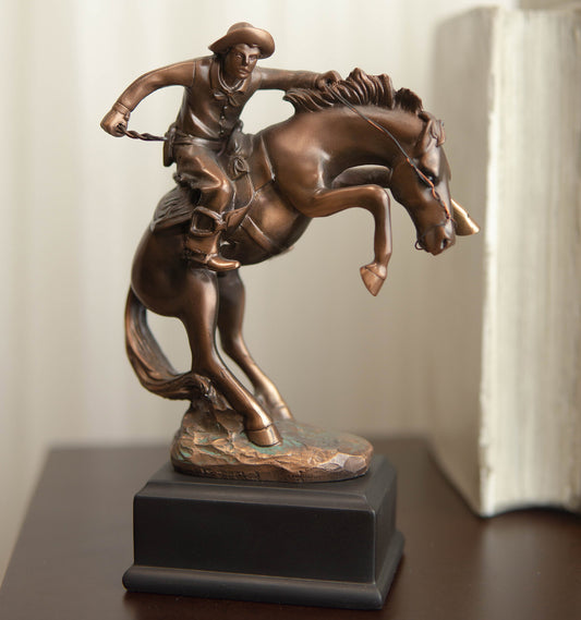Ebros Rustic Western Rodeo Cowboy W/ Rearing Horse Bronze Electroplated Figurine - Ebros Gift