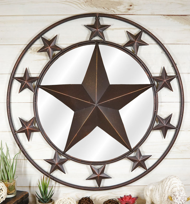 24"D Western Lone Star With Mini Stars Metal Circle Wall Mirror Plaque Decor
