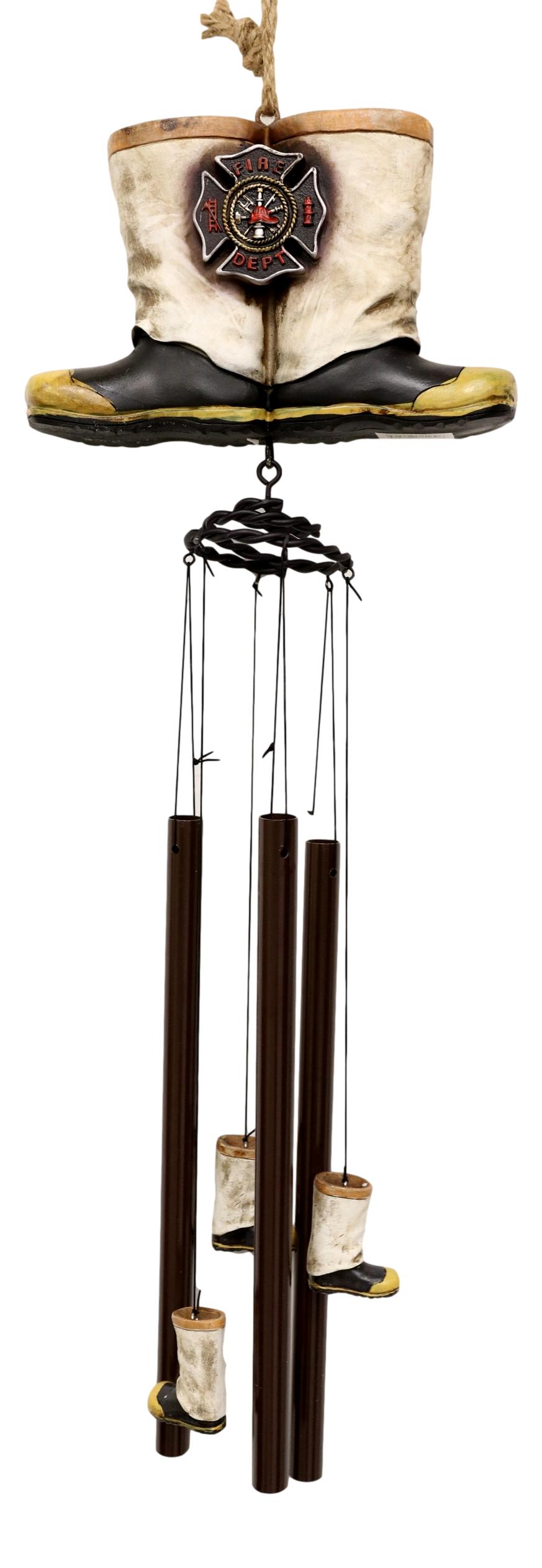 Rustic Fire Department Fireman Boots Large Resonant Patio Spiral Wind Chime - Ebros Gift