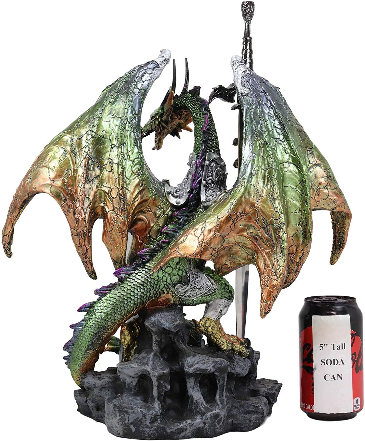 Ebros Gift Large Green Jade Armored Dragon Guardian of The Space Orb and Excalibur Dagger Blade Sword Statue 16.75" Tall