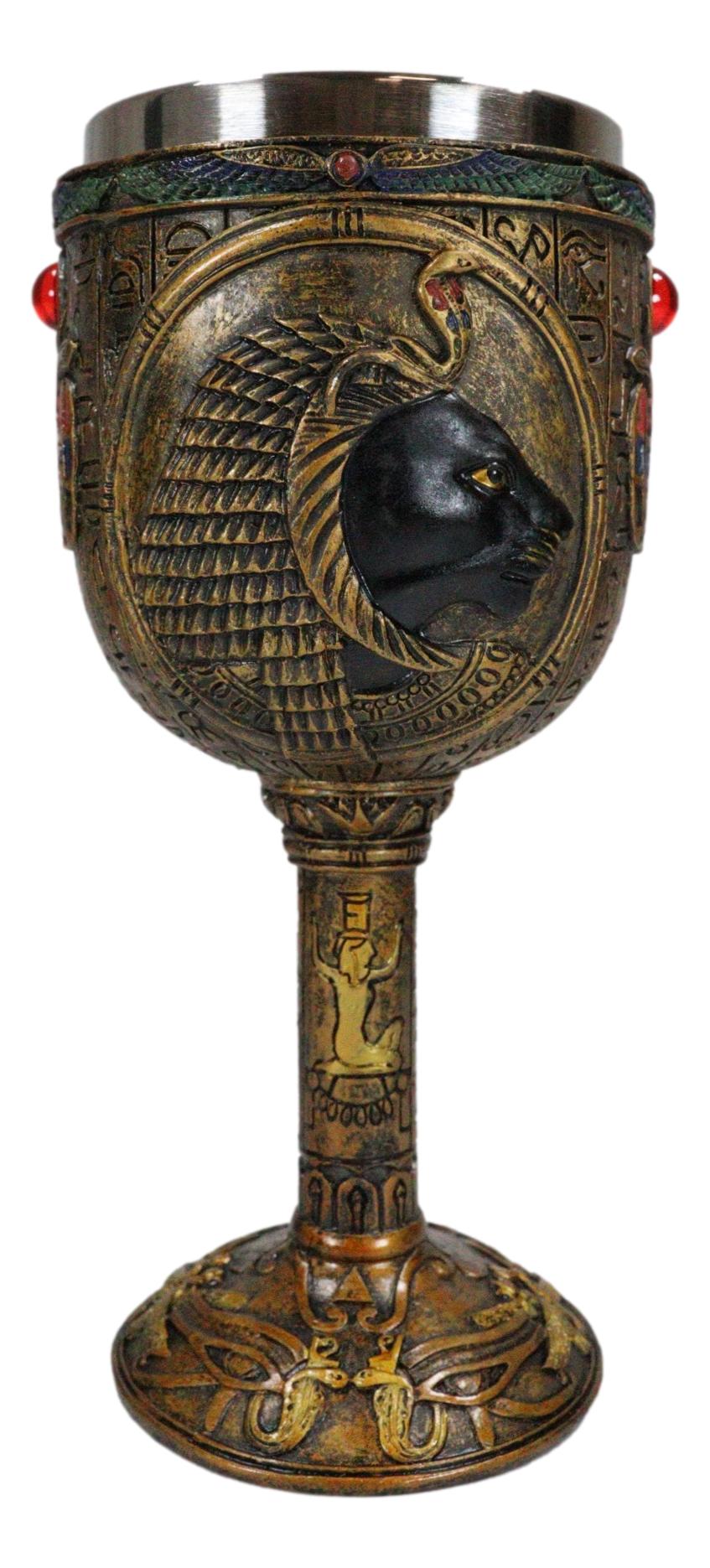 Ebros Egyptian Sekhmet 6oz Resin Wine Goblet Chalice With Stainless Steel Liner