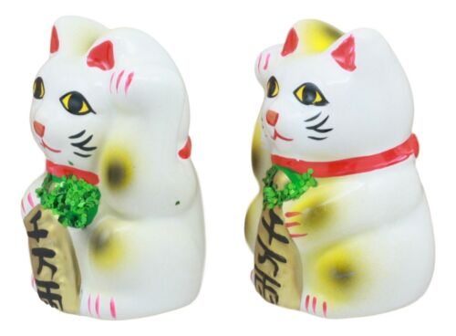 Ebros Japanese Luck and Fortune Charm White Beckoning Cat Maneki Neko Ceramic Figurines Set of 2 with Right and Left Paws Feng Shui Lucky Energy Cats Collectible Statues - Ebros Gift