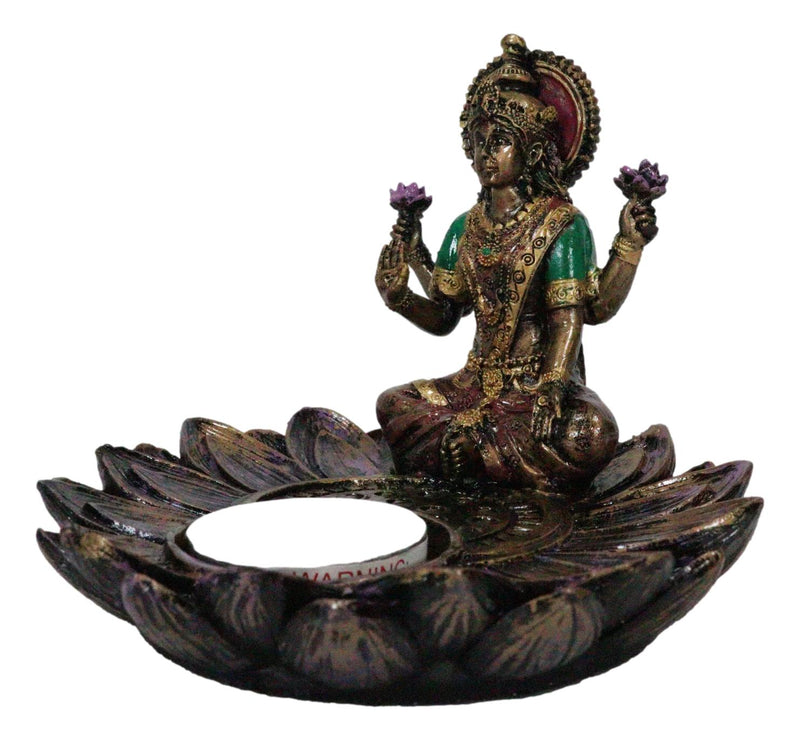 Hindu Goddess Sri Lakshmi On Lotus Padma Flower Votive Candle Holder Figurine