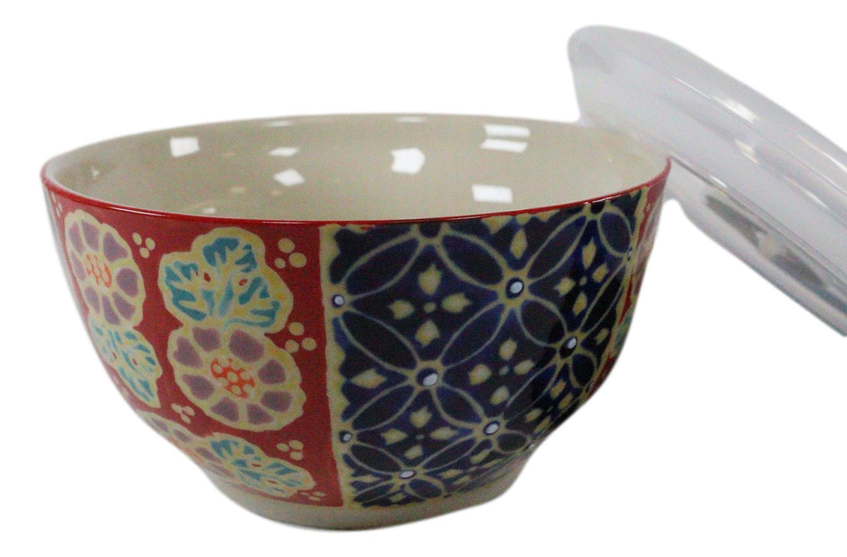 Ebros Set of 2 Ceramic Blue Red Floral Patterns Portion Meal Bowls 2 Cups Airtight Lid