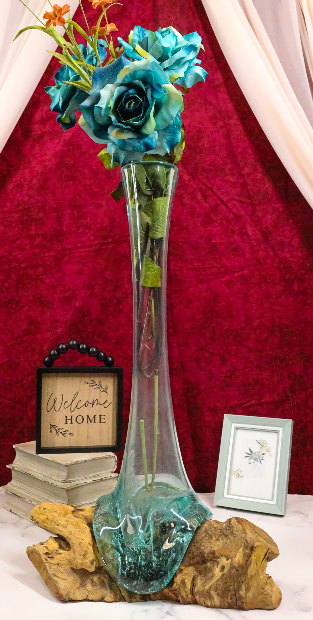 Balinese Gamal Driftwood With Long Necked Hand Blown Molten Glass Floral Vase - Ebros Gift