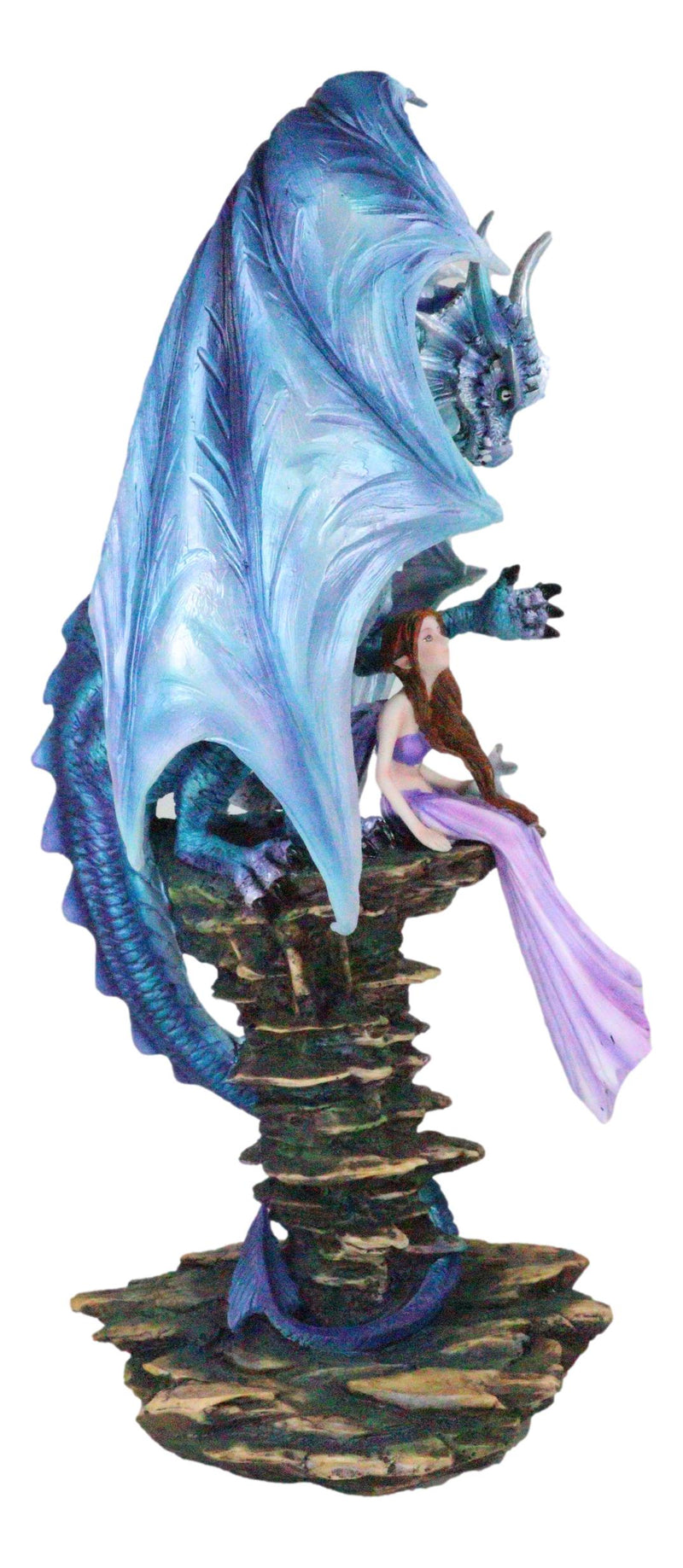 Giant Leviathan Blue Dragon Protecting A Young Princess Fairy With Kitten Statue