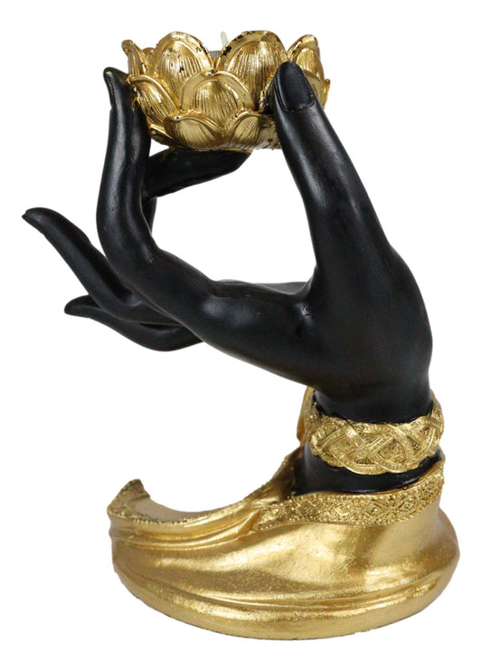 Golden Fire Buddha Meditating By Black Mudra Hand Lotus Votive Candle Holder