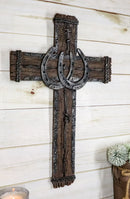 Rustic Western Lucky Horseshoes Barbed Wire And Rope Wall Cross Decor Plaque 19"