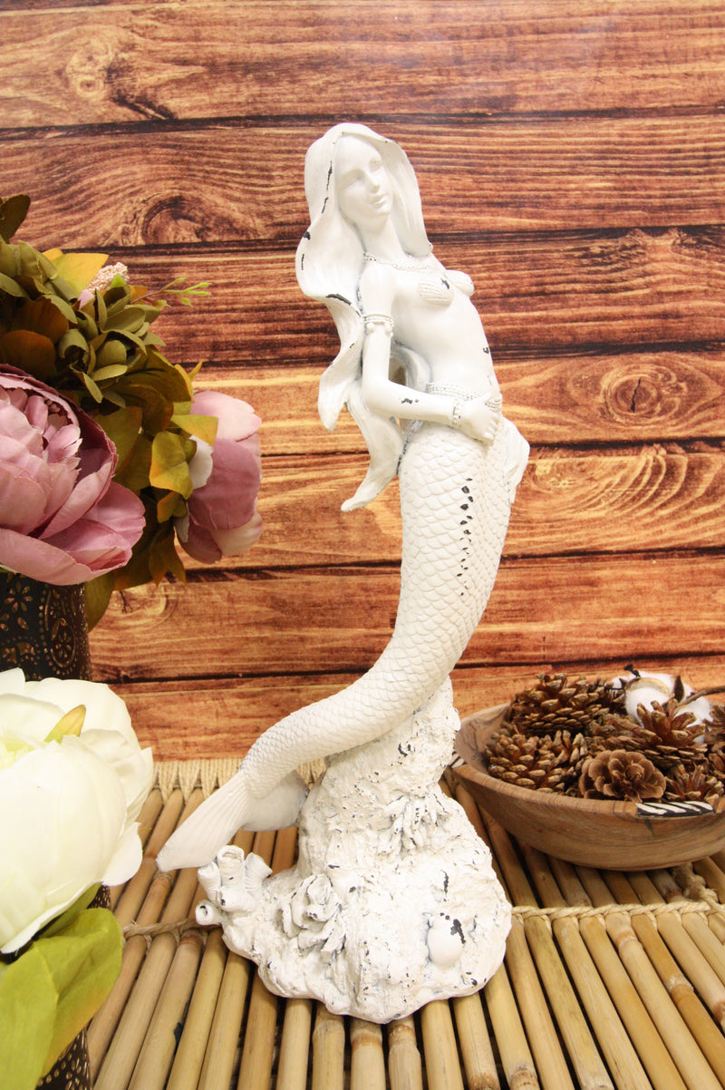 Rustic White Stone Finish Nautical Ariel Mermaid Standing By Coral Reef Figurine