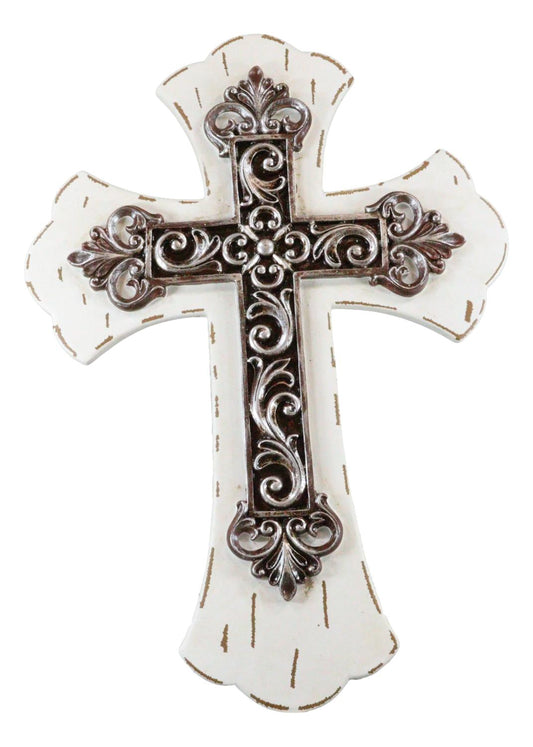 Rustic Southwestern Tuscany French Lily Fleur De Lis Antiqued White Wall Cross
