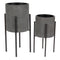 Set of 2 Contemporary Urban Grey Cast Iron Cylindrical Planter Pots With Stand