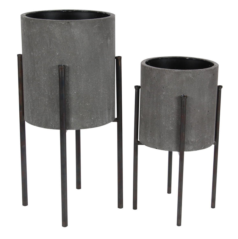 Set of 2 Contemporary Urban Grey Cast Iron Cylindrical Planter Pots With Stand