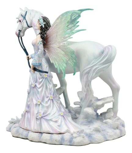 Ebros Aurora Borealis Winter Fairy with Sacred White Horse Statue 10" Long by Nene Thomas Decorative Mythical Fantasy Figurine Collectible