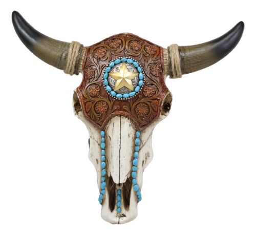 Ebros 13.25" Wide Western Star Tooled Leather Steer Bison Buffalo Bull Cow Horned Skull Head with Turquoise Beads Wall Mount Decor Replica Native Animal Totem Bust Skulls Hanging Plaque Sculpture - Ebros Gift