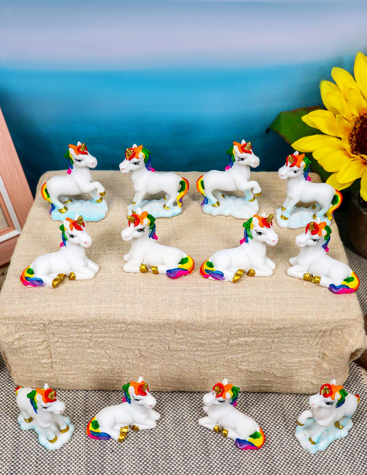 Ebros Beautiful Magical Rainbow Mane Unicorns 2" High Miniature Figurine Set of 12 Mare Unicorn Horse with Golden Horns in 4 Different Poses Figurine Collectible Fairy Garden Decor