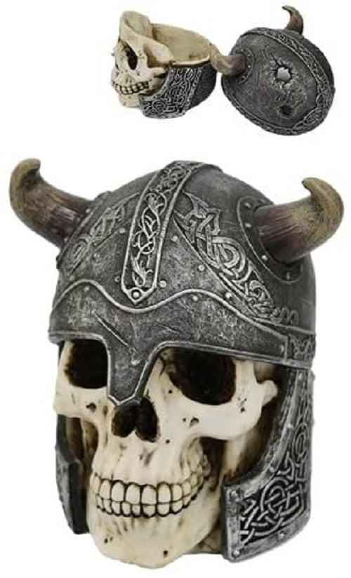 Viking Lord Chieftain Horned Helmet Skull Jewelry Box Figurine Sculpture