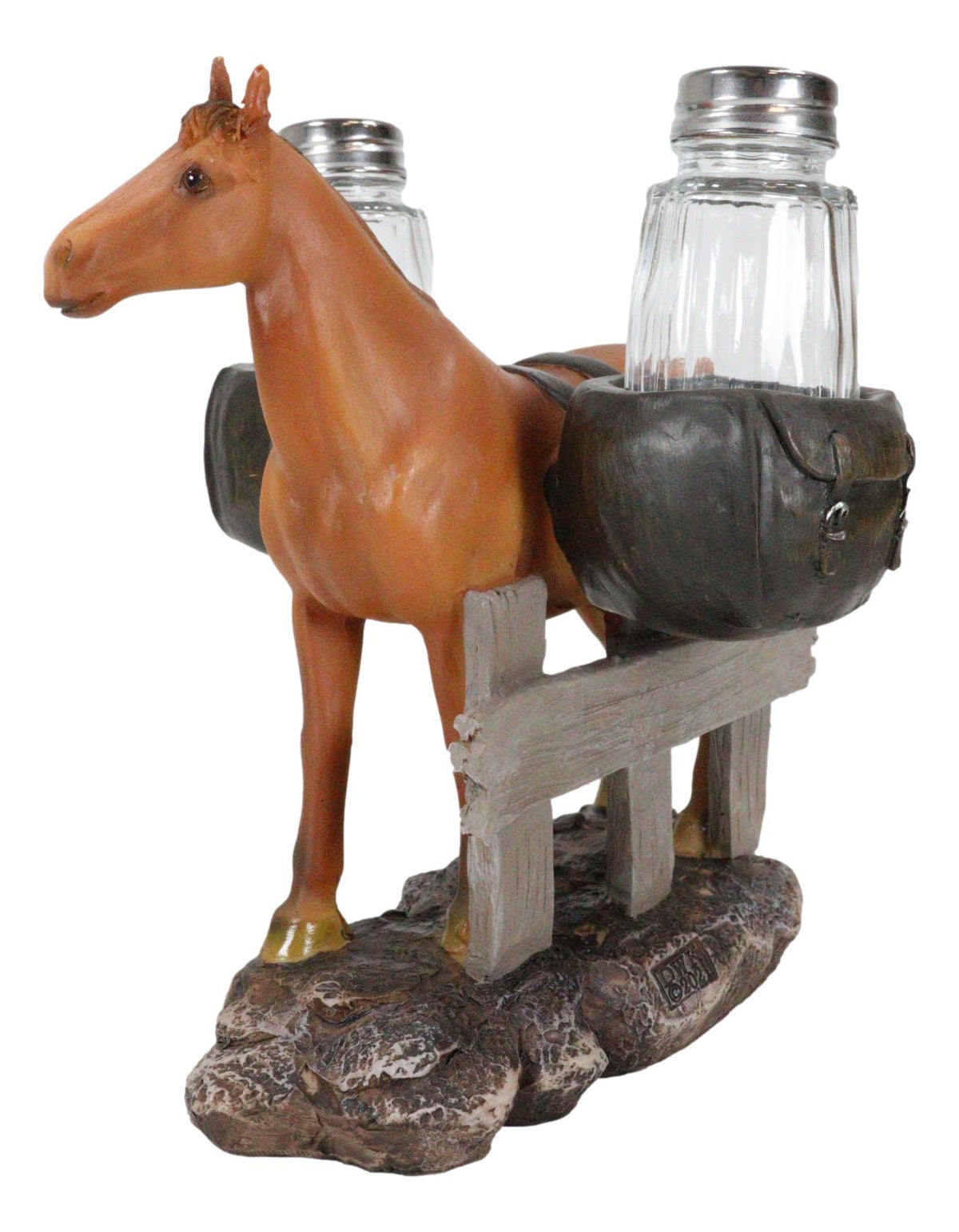 Western Brown Stallion Horse With Saddlebags Salt Pepper Shakers Holder Figurine