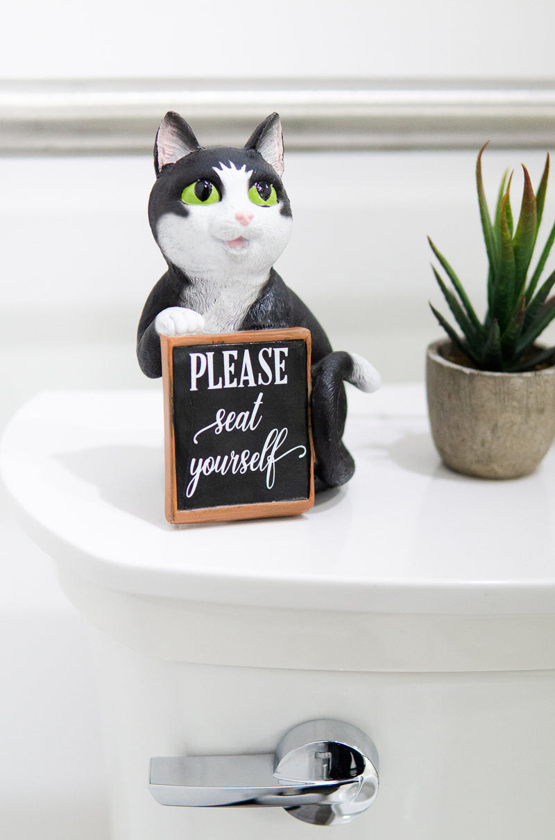 Ebros Black White Cat W/Please Seat Yourself Sign Decorative Toilet Figurine