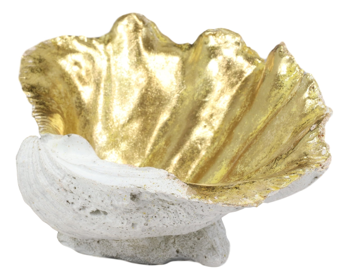 Ebros 10" L Golden Nautical Giant Clam Shell Jewelry Dish Bowl Holder Statue
