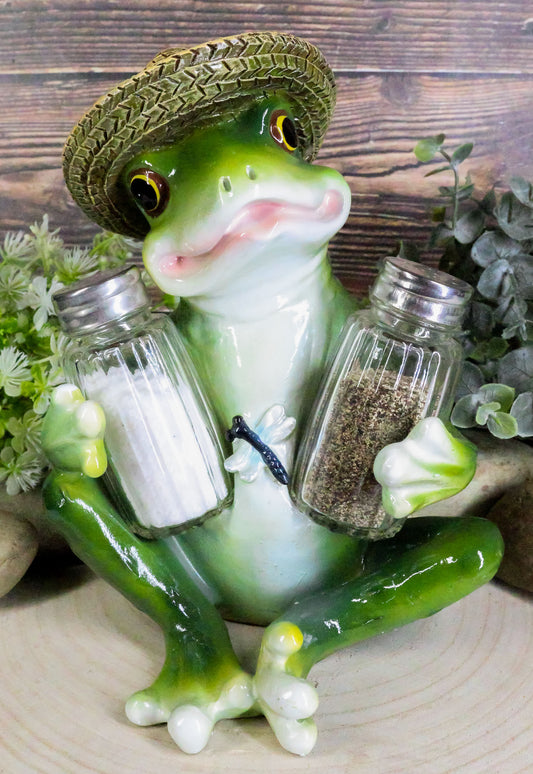 Ebros Green Toad Tree Frog With Sombrero Glass Salt Pepper Shakers Holder Set - Ebros Gift