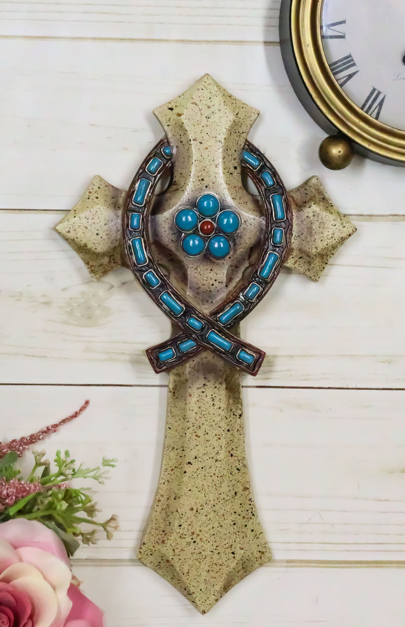 Rustic Beige Greek Ichthys Christ Fish Symbol with Turquoise Gems Wall Cross