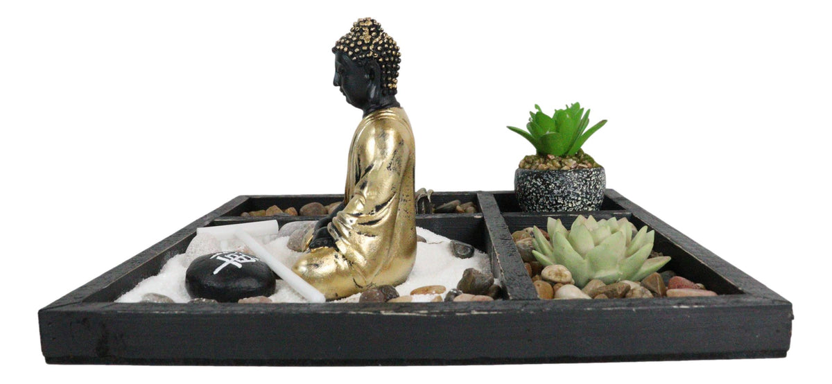 Meditating Buddha Zen Garden Kit With Lotus Candle Holders Sand Rake Succulents - Ebros Gift