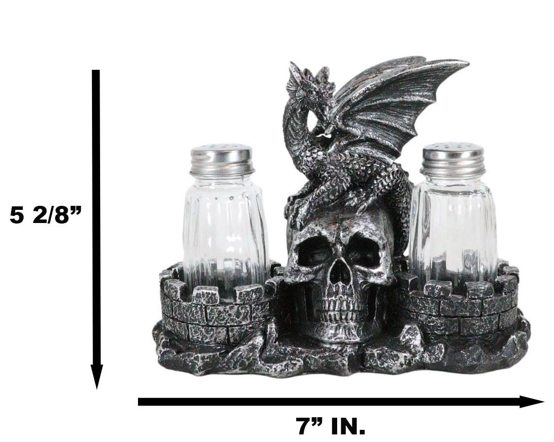 Medieval Dragon On Oversized Skull By Castle Towers Salt Pepper Shakers Holder - Ebros Gift
