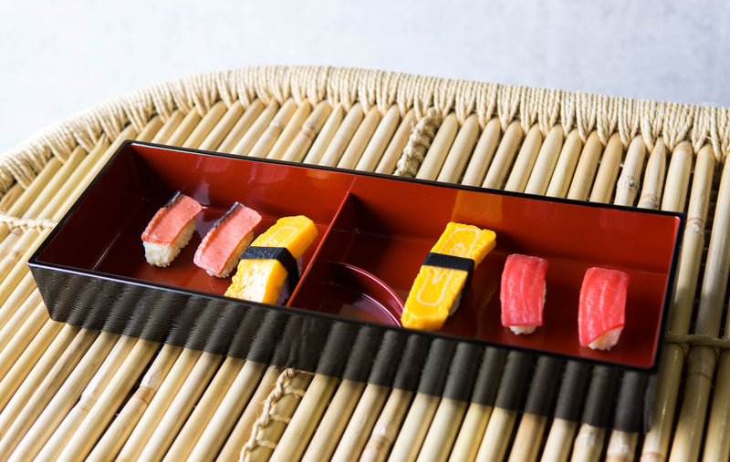 Red Black Japanese Long Bento Box With Dividers 3 Compartments Platter Plate